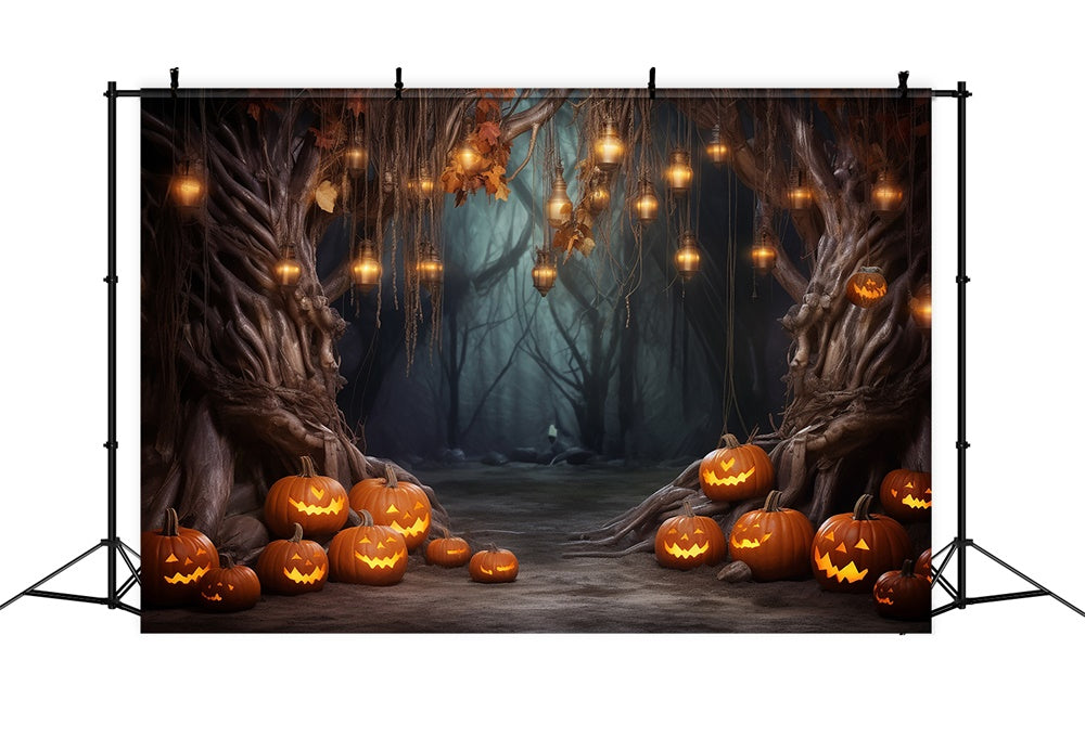 Toile de fond de forêt avec guirlandes lumineuses et citrouilles Halloween RR7-443