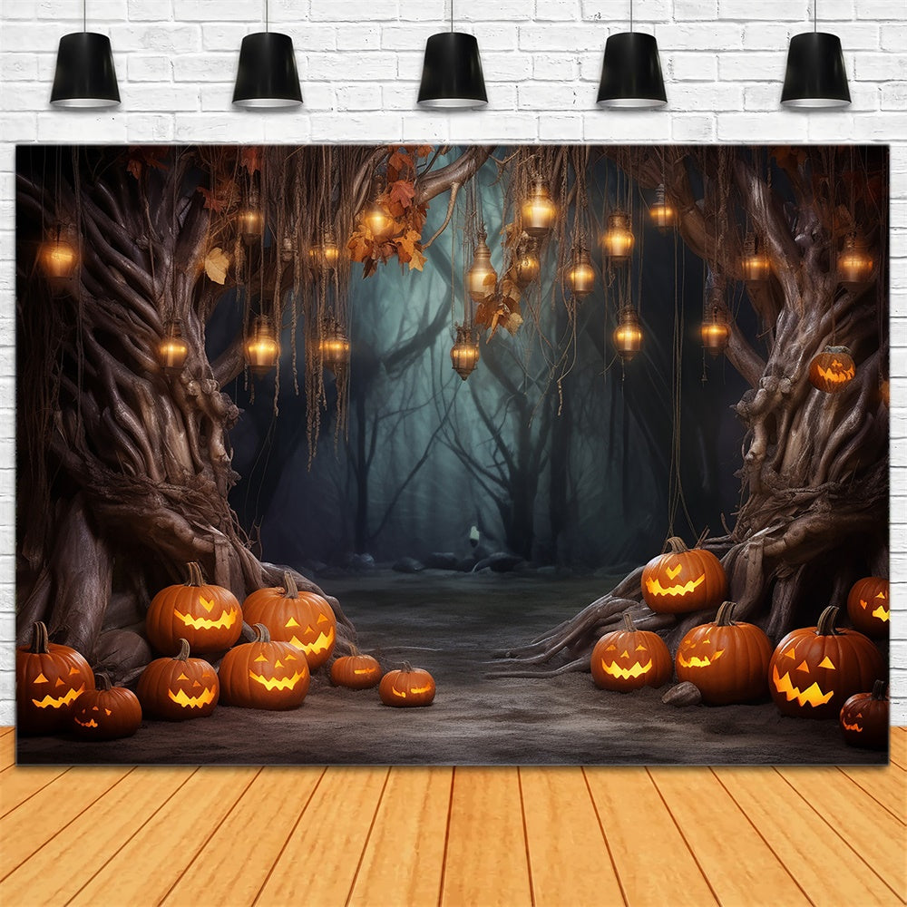 Toile de fond de forêt avec guirlandes lumineuses et citrouilles Halloween RR7-443