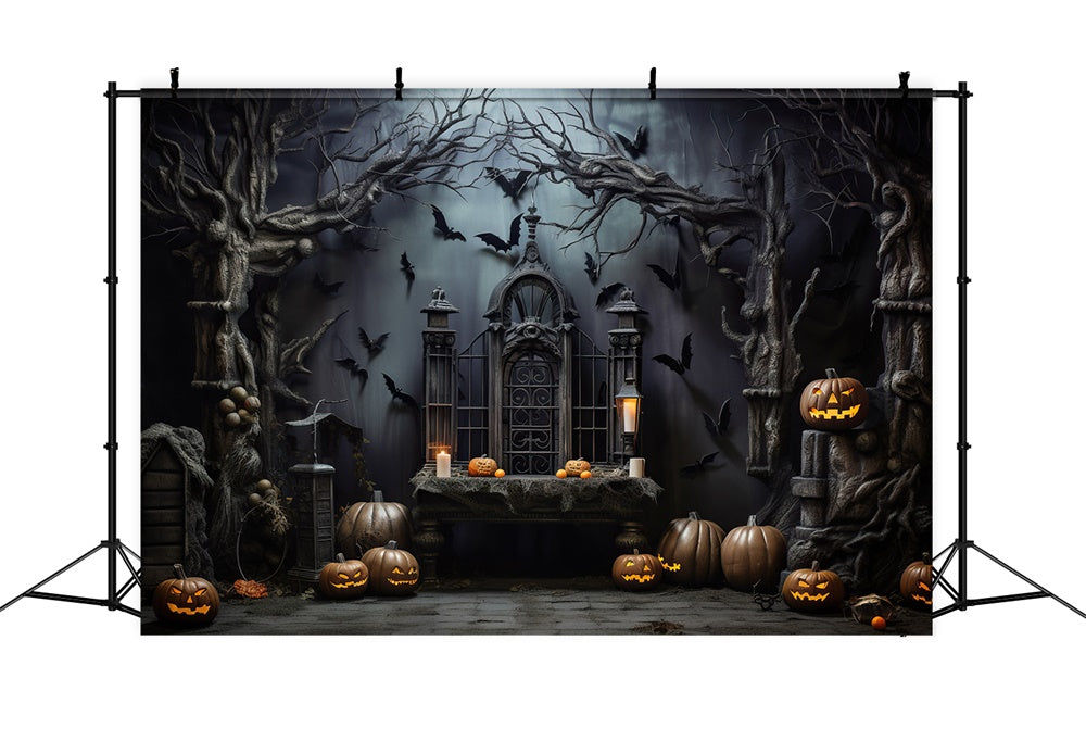 Toile de fond de pièce sombre effrayante avec citrouilles et chauves-souris Halloween RR7-444