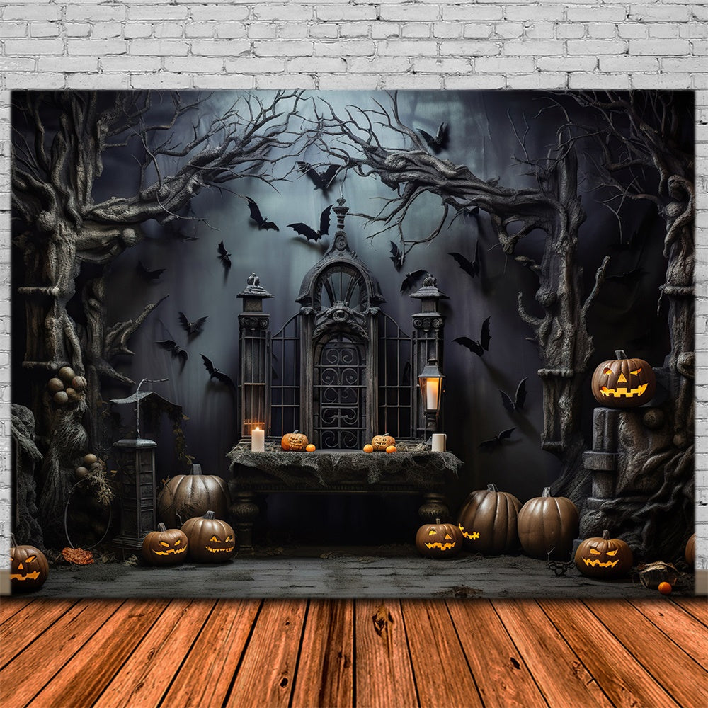 Toile de fond de pièce sombre effrayante avec citrouilles et chauves-souris Halloween RR7-444