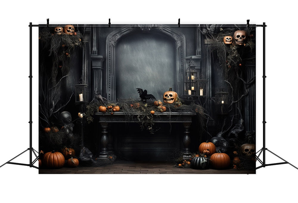 Toile de fond de mur rétro avec citrouilles et squelette Halloween RR7-445