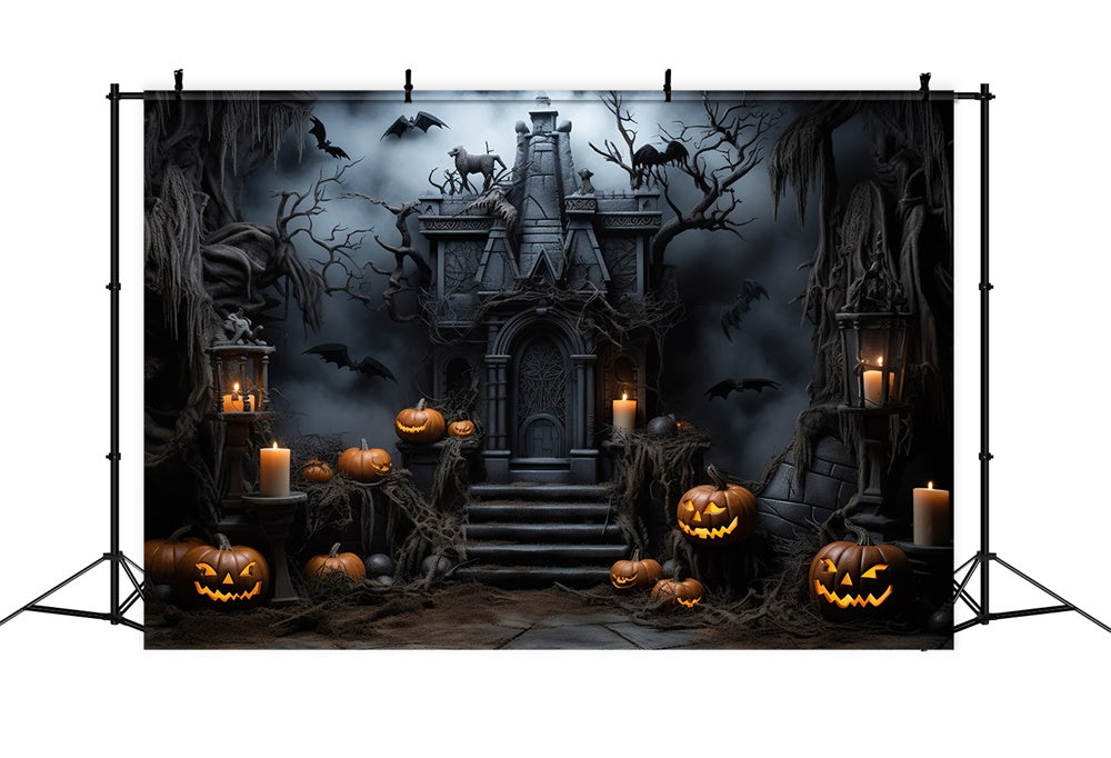 Toile de fond de château hanté avec bougies et citrouilles Halloween RR7-446