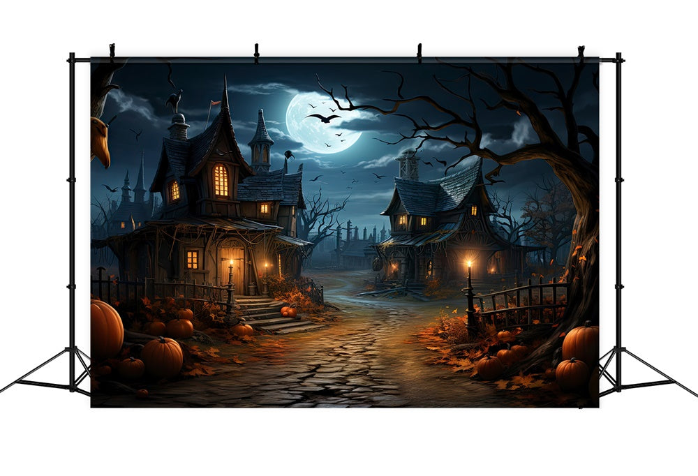 Toile de fond de maisons avec lune nocturne et citrouilles Halloween RR7-447