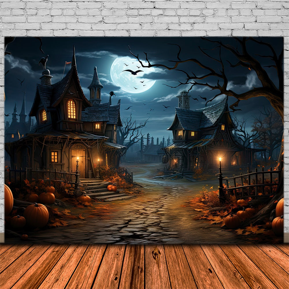 Toile de fond de maisons avec lune nocturne et citrouilles Halloween RR7-447