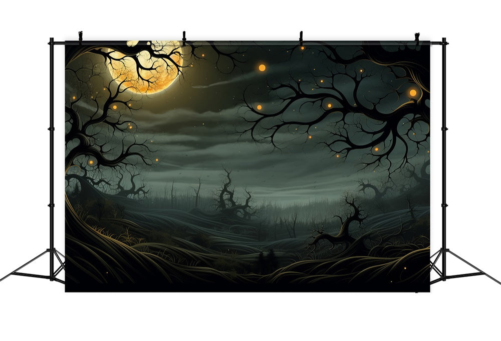 Toile de fond de cimetière illuminé avec arbres et lune pleine Halloween RR7-448