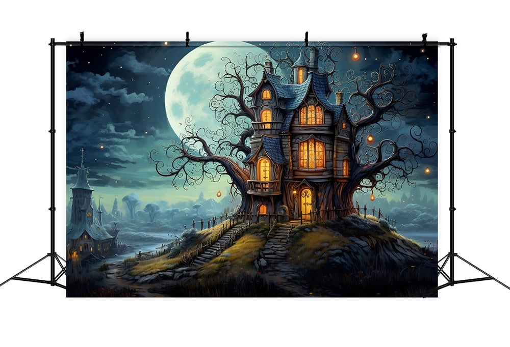 Toile de fond de maison avec cimetière et lune pleine Halloween RR7-449