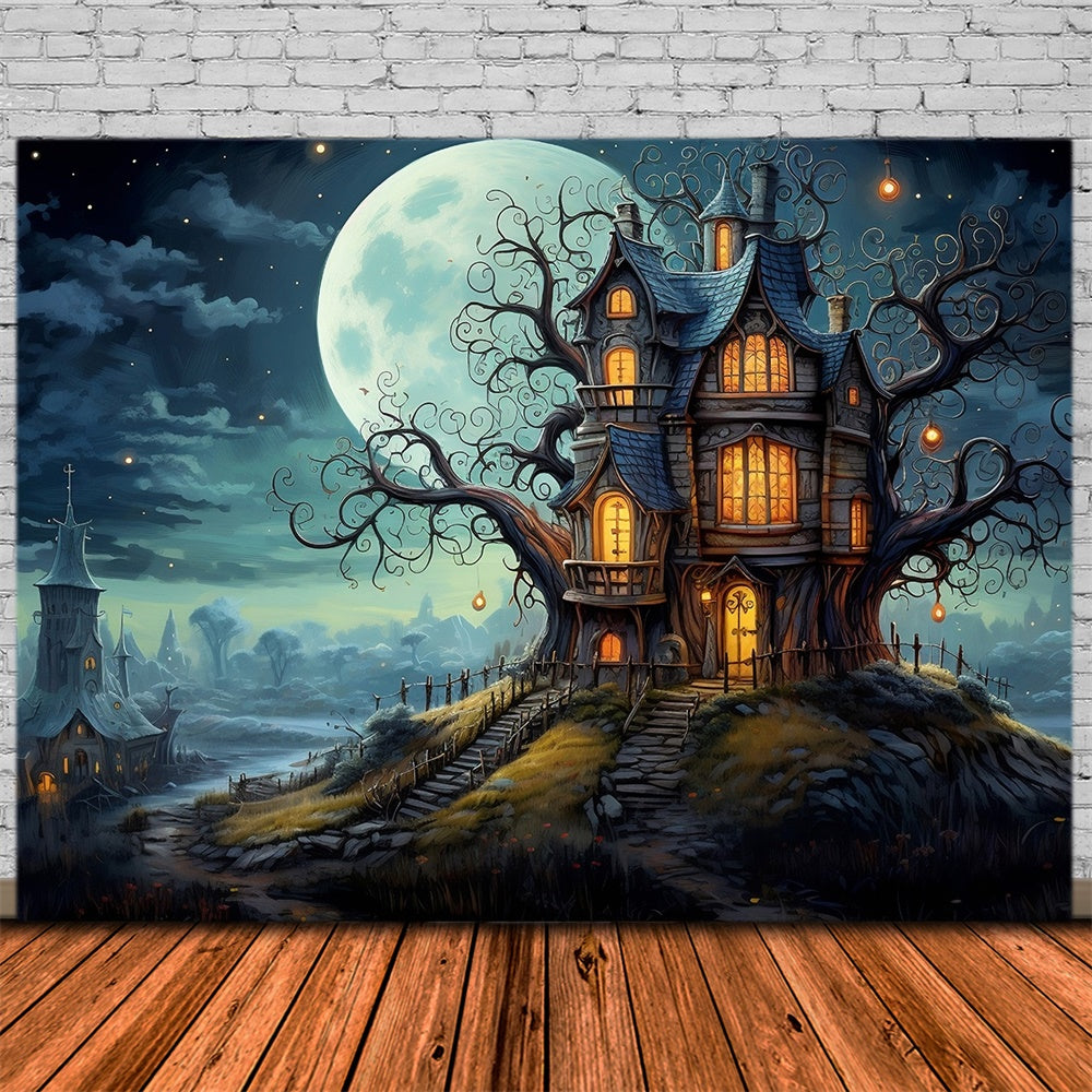 Toile de fond de maison avec cimetière et lune pleine Halloween RR7-449