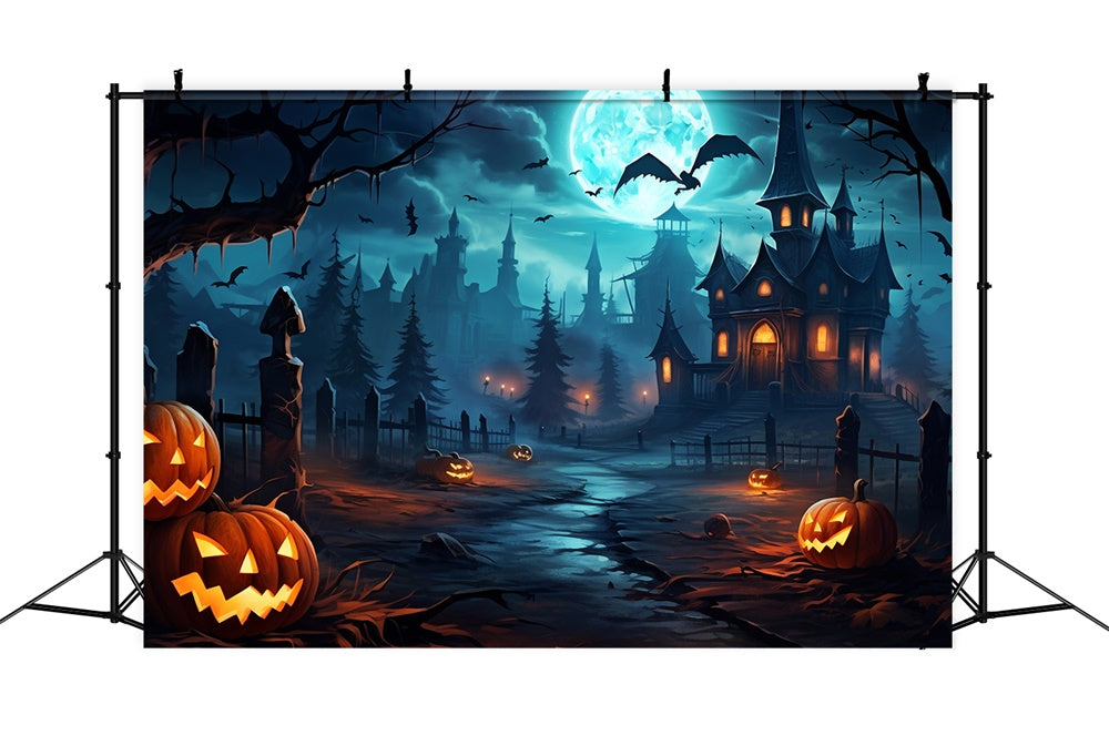 Toile de fond de forêt avec citrouilles et chauves-souris Halloween RR7-450