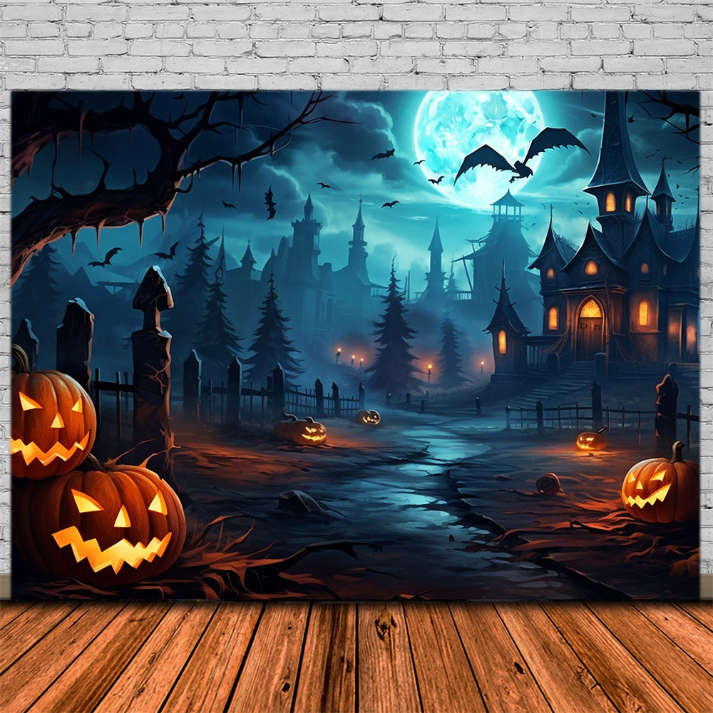 Toile de fond de forêt avec citrouilles et chauves-souris Halloween RR7-450