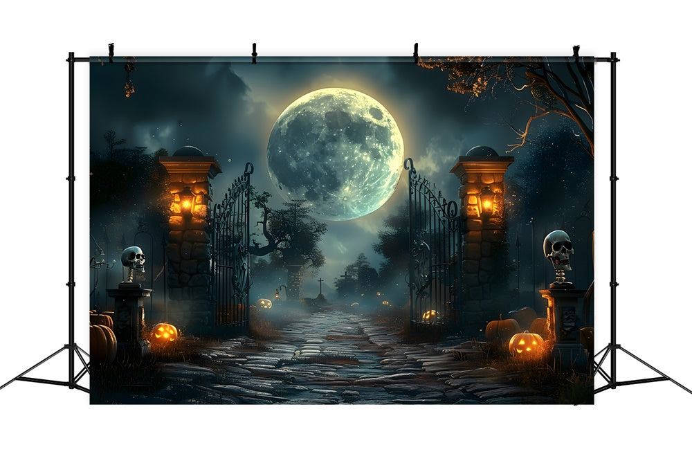 Toile de fond de portail de cimetière sombre avec squelette Halloween RR7-455