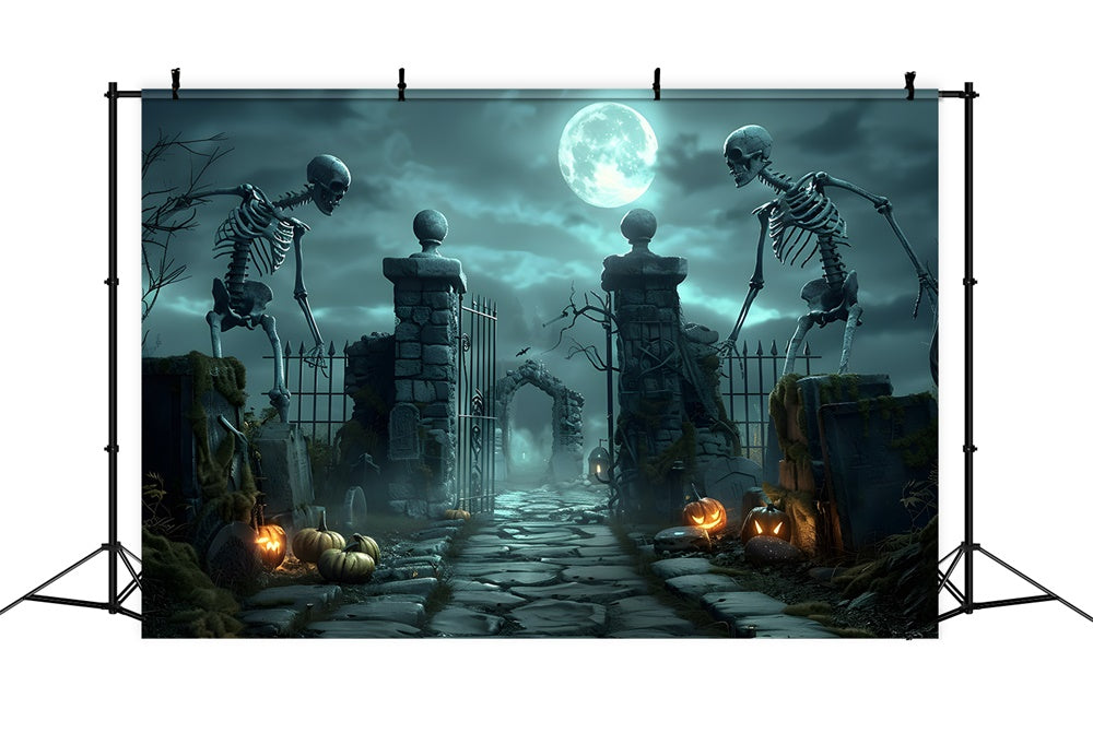 Toile de fond de portail de cimetière effrayant avec squelette Halloween RR7-457