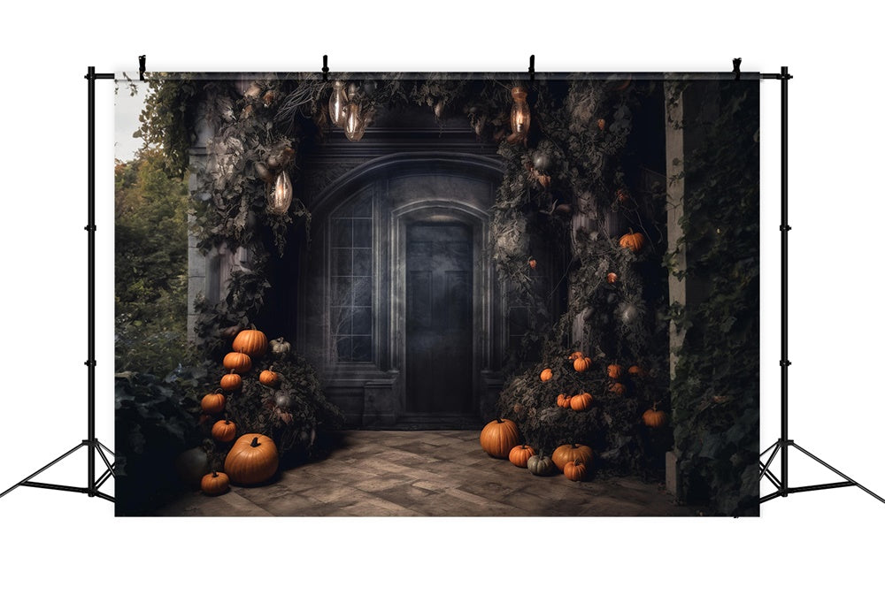 Toile de fond de porte de maison hantée avec citrouilles Halloween RR7-458