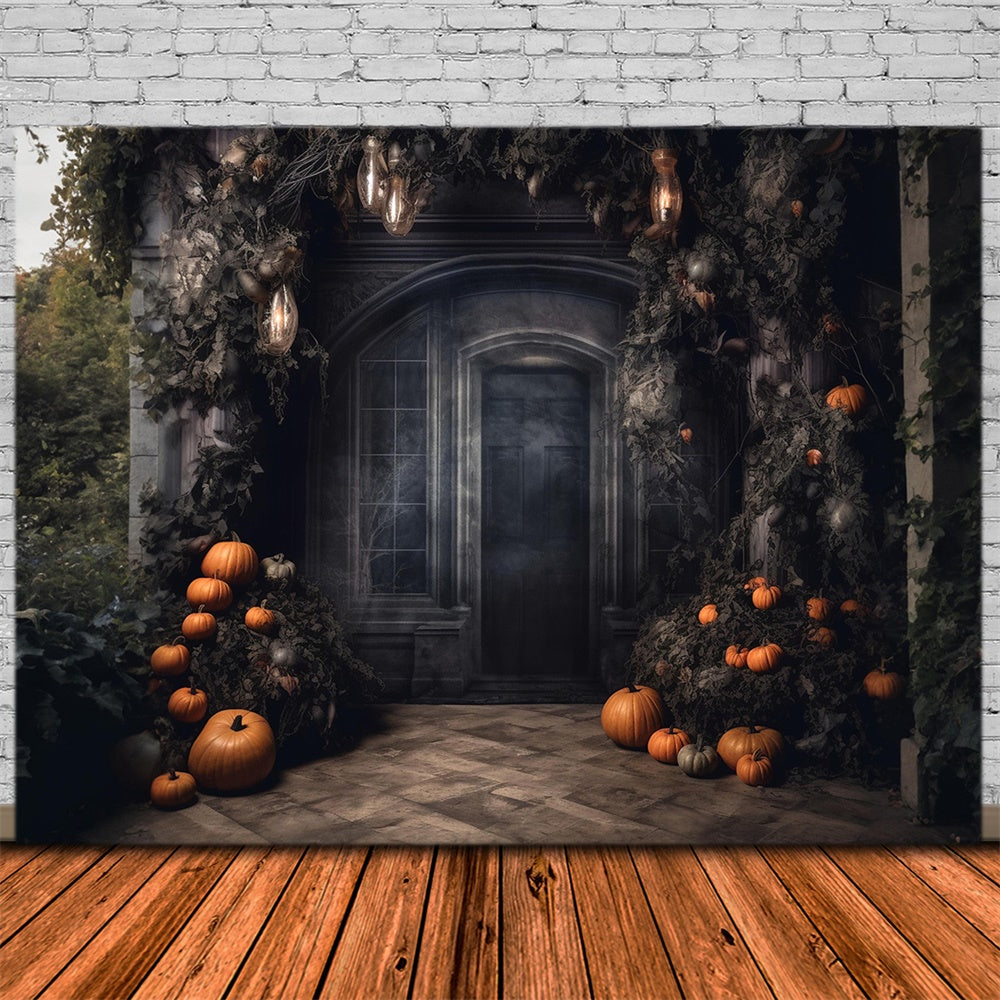 Toile de fond de porte de maison hantée avec citrouilles Halloween RR7-458