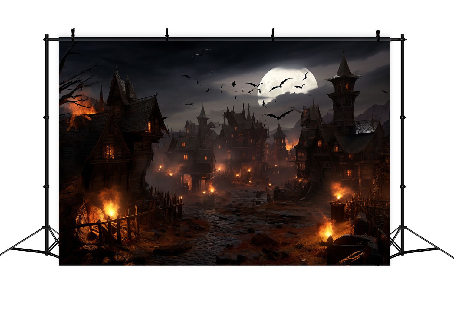 Toile de Fond de Chauves-Souris et Flammes de Nuit d'Horreur d'Halloween RR7-46