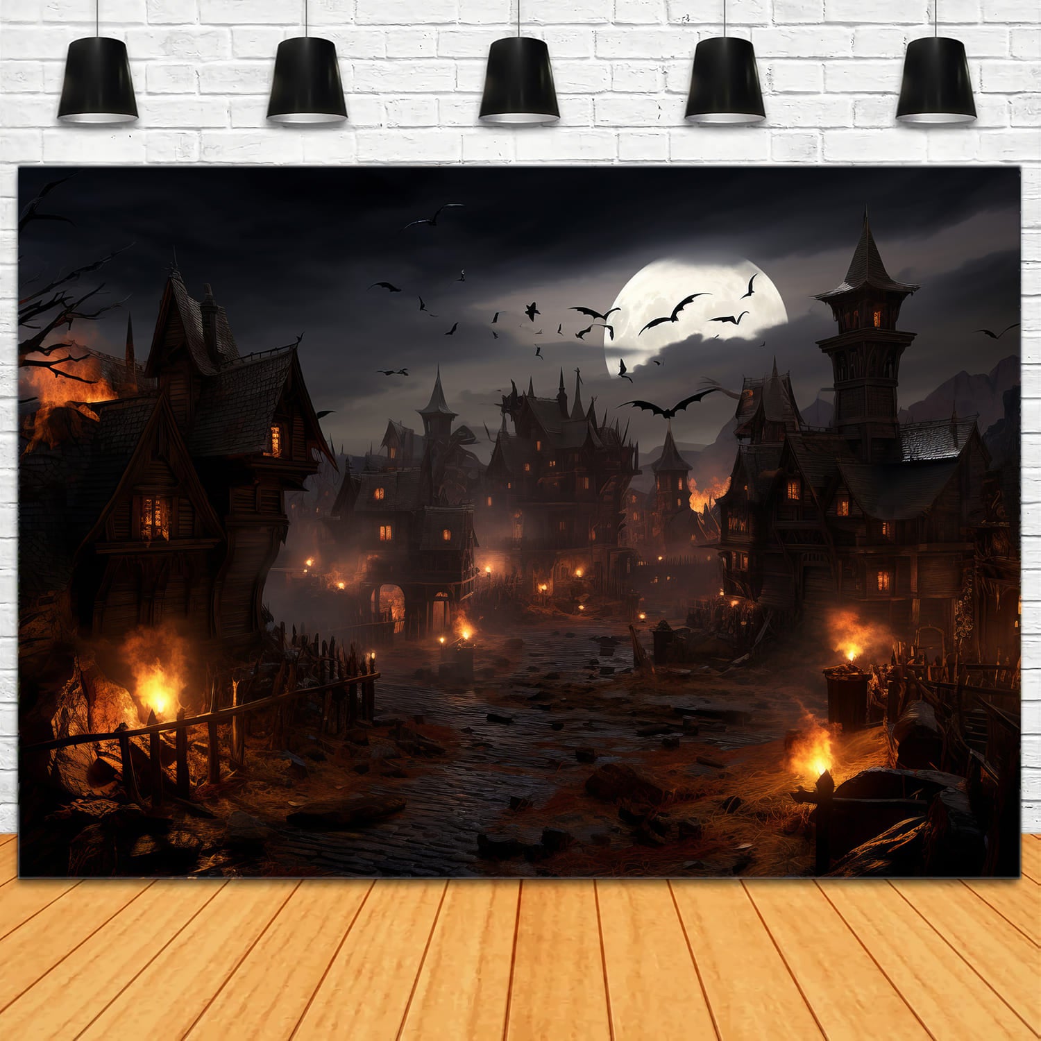 Toile de Fond de Chauves-Souris et Flammes de Nuit d'Horreur d'Halloween RR7-46