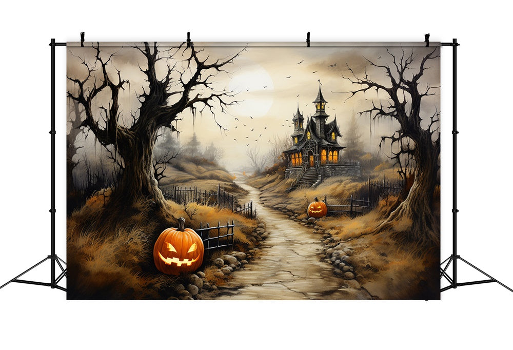 Toile de fond de sentier de château effrayant avec citrouilles Halloween RR7-460