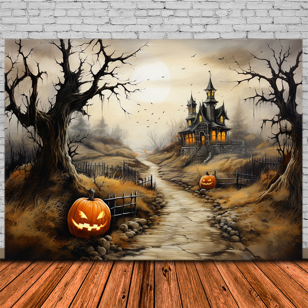 Toile de fond de sentier de château effrayant avec citrouilles Halloween RR7-460