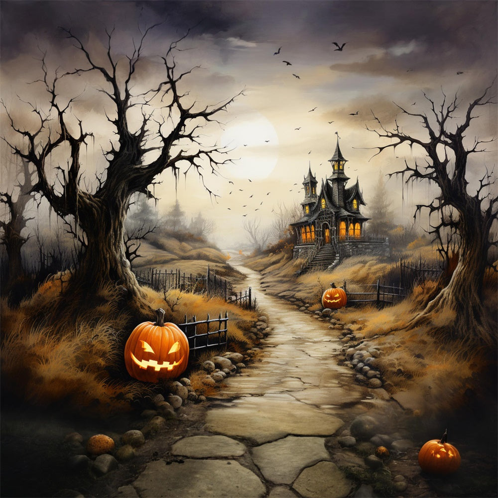 Toile de fond de sentier de château effrayant avec citrouilles Halloween RR7-460