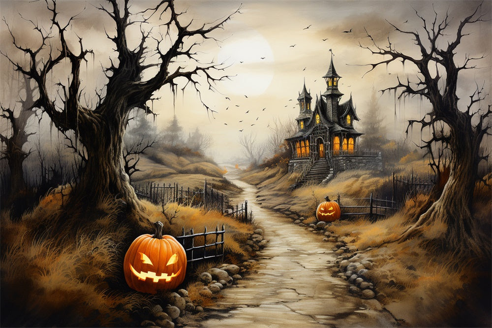 Toile de fond de sentier de château effrayant avec citrouilles Halloween RR7-460