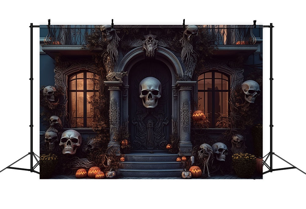 Toile de fond de porte de maison effrayante avec crâne Halloween RR7-462