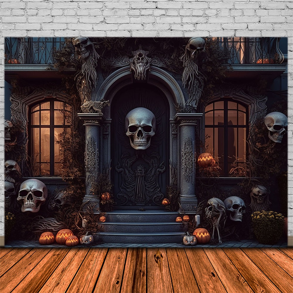 Toile de fond de porte de maison effrayante avec crâne Halloween RR7-462