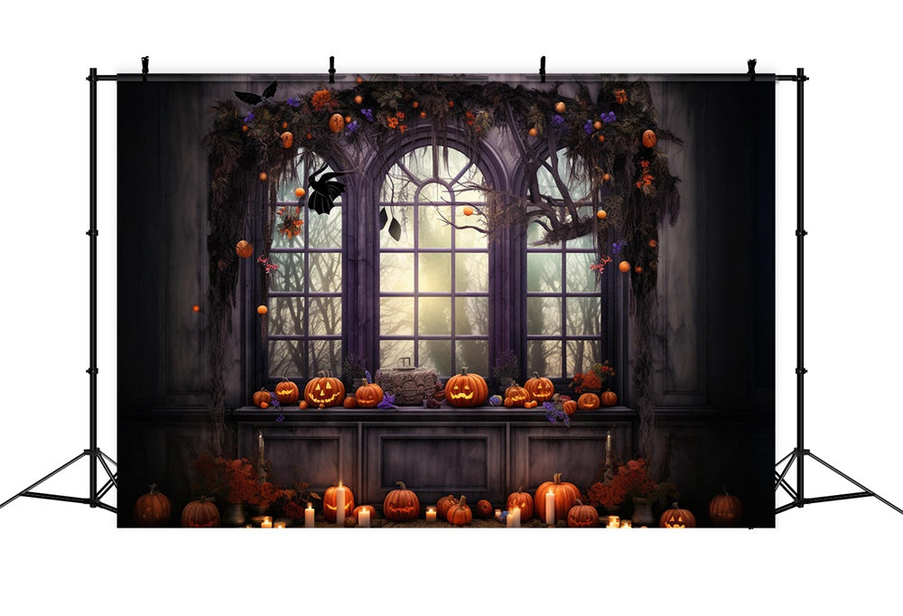 Toile de fond de fenêtre avec citrouilles et bougies Halloween RR7-466