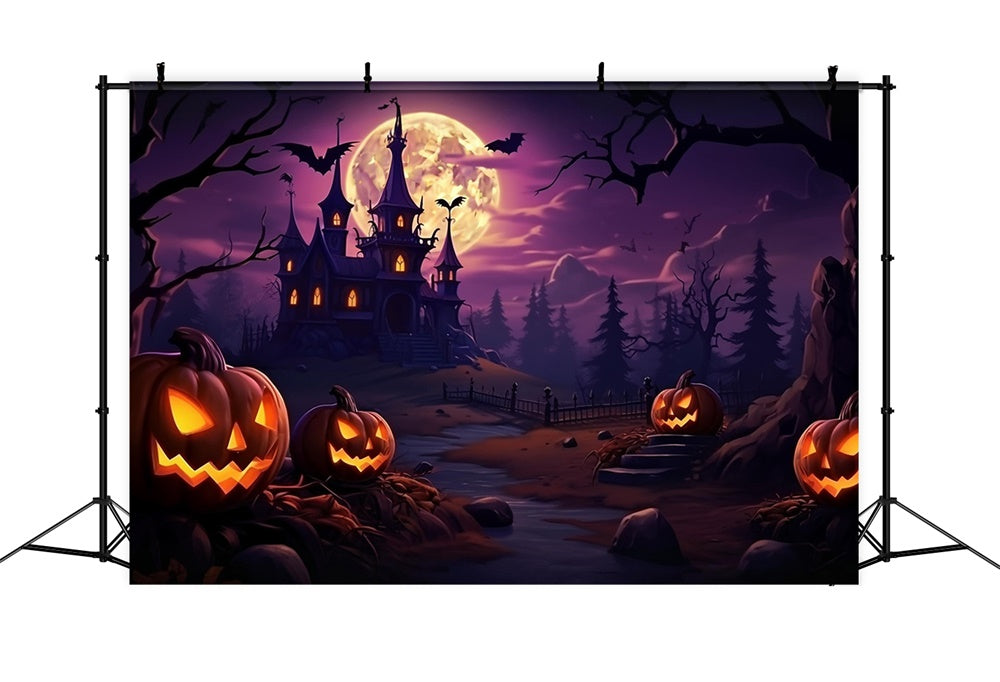 Toile de fond de château dans forêt avec ciel violet Halloween RR7-468