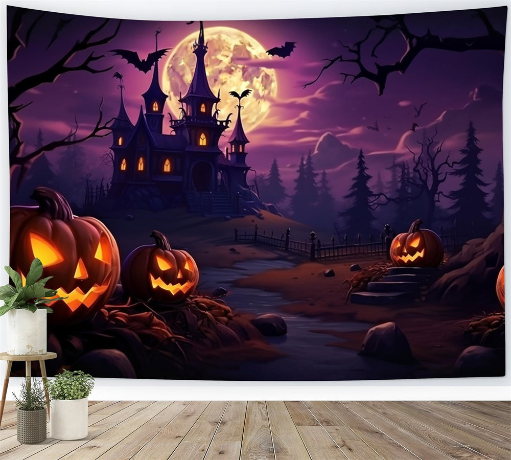 Toile de fond de château dans forêt avec ciel violet Halloween RR7-468