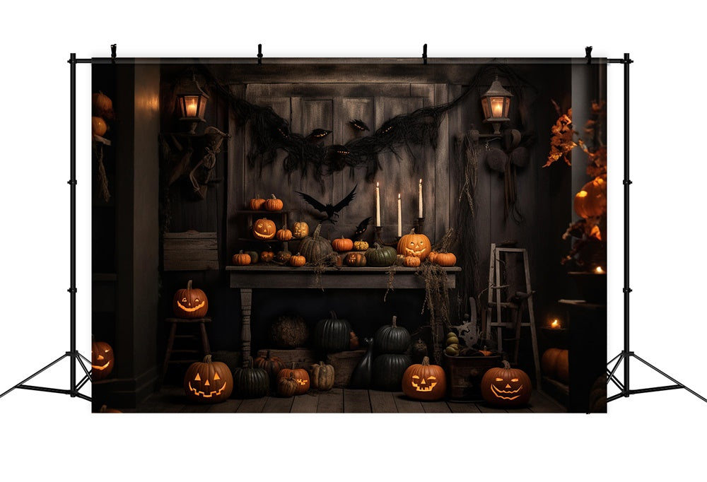 Toile de fond de mur en bois avec citrouilles et chauves-souris Halloween RR7-469