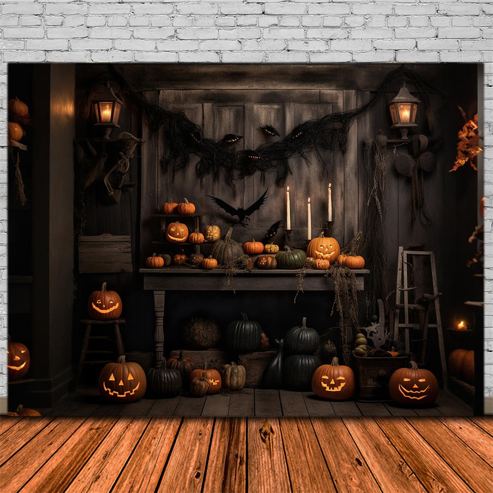 Toile de fond de mur en bois avec citrouilles et chauves-souris Halloween RR7-469