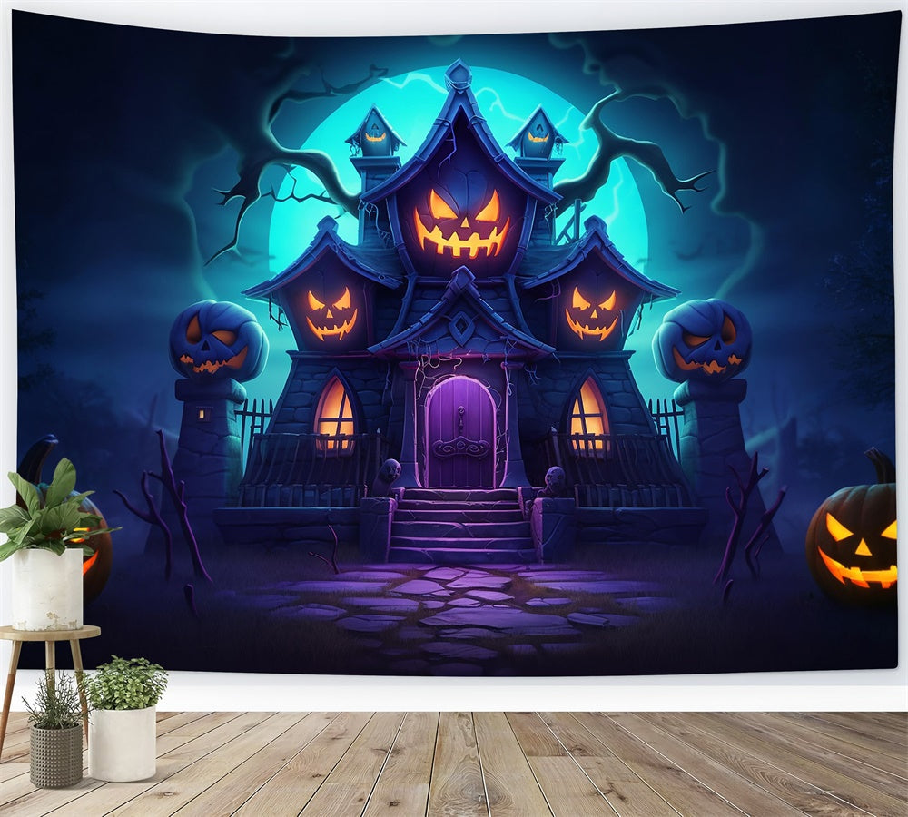 Toile de fond de maison avec citrouilles maléfiques Halloween RR7-470