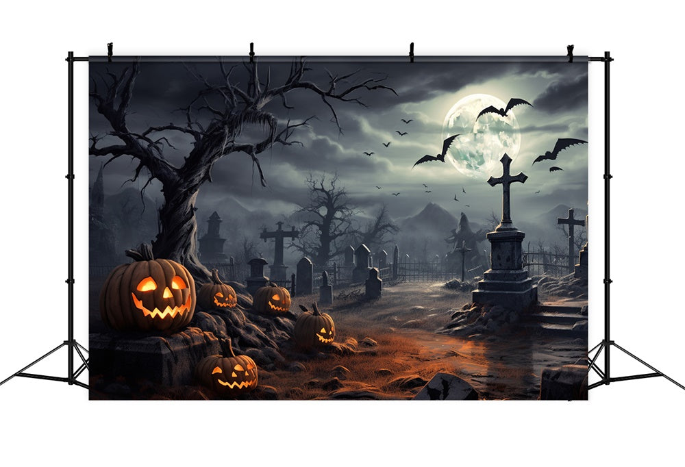 Toile de fond de cimetière avec lune nocturne Halloween RR7-471