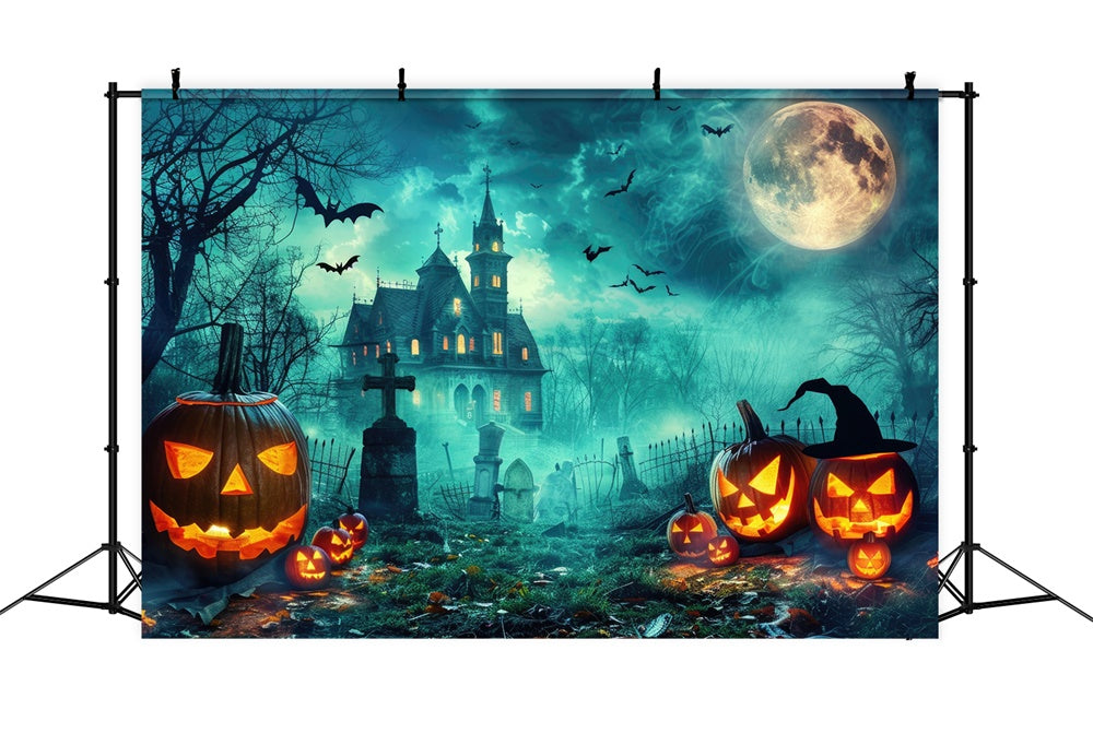 Toile de fond de maison avec fantôme et lune Halloween RR7-477