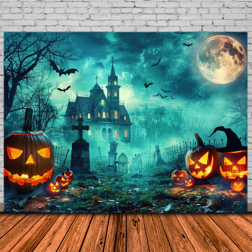 Toile de fond de maison avec fantôme et lune Halloween RR7-477