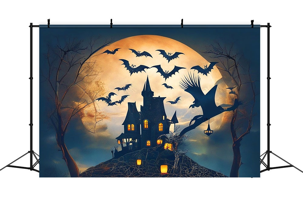 Toile de fond de château avec lune et sorcière Halloween RR7-479