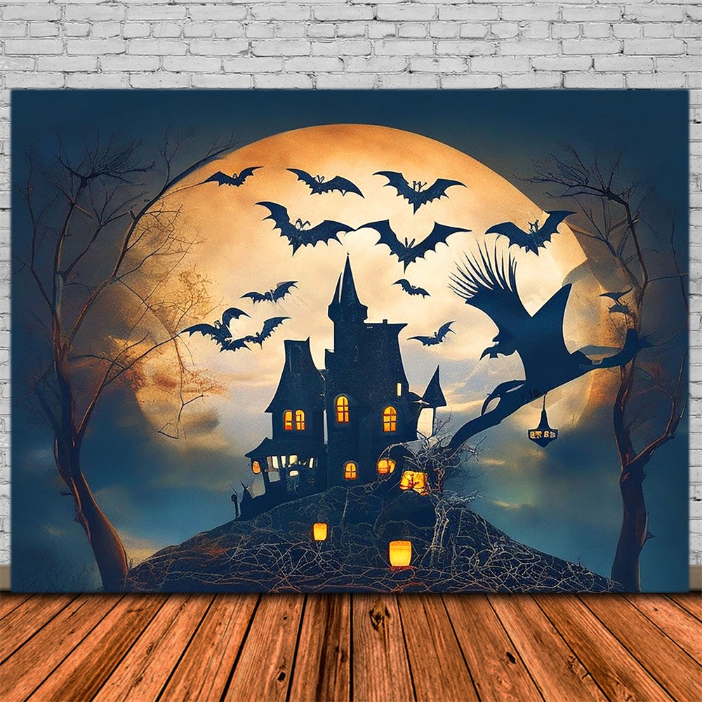 Toile de fond de château avec lune et sorcière Halloween RR7-479