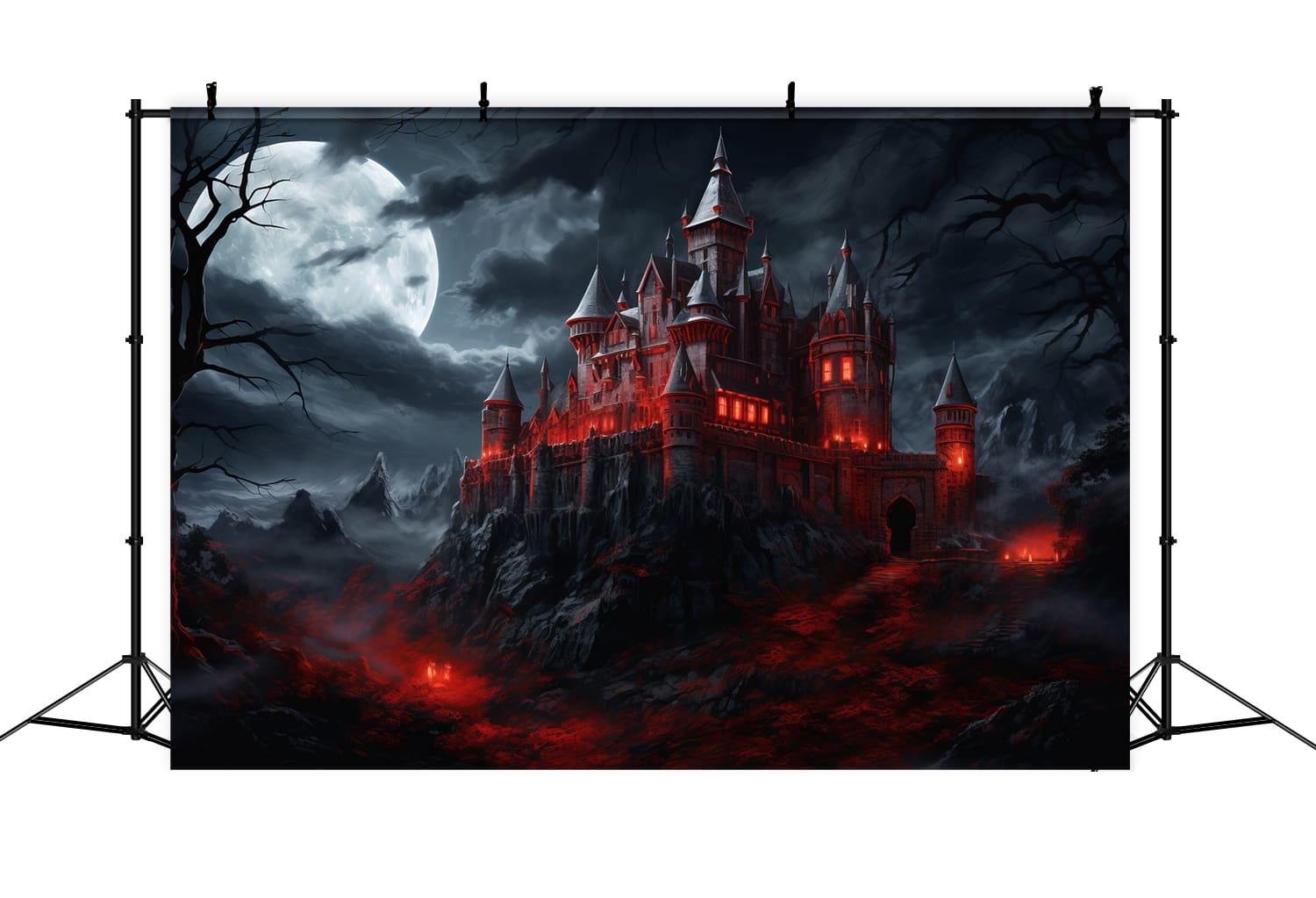 Toile de Fond de Château Rouge Lumineux Effrayant d'Halloween RR7-48