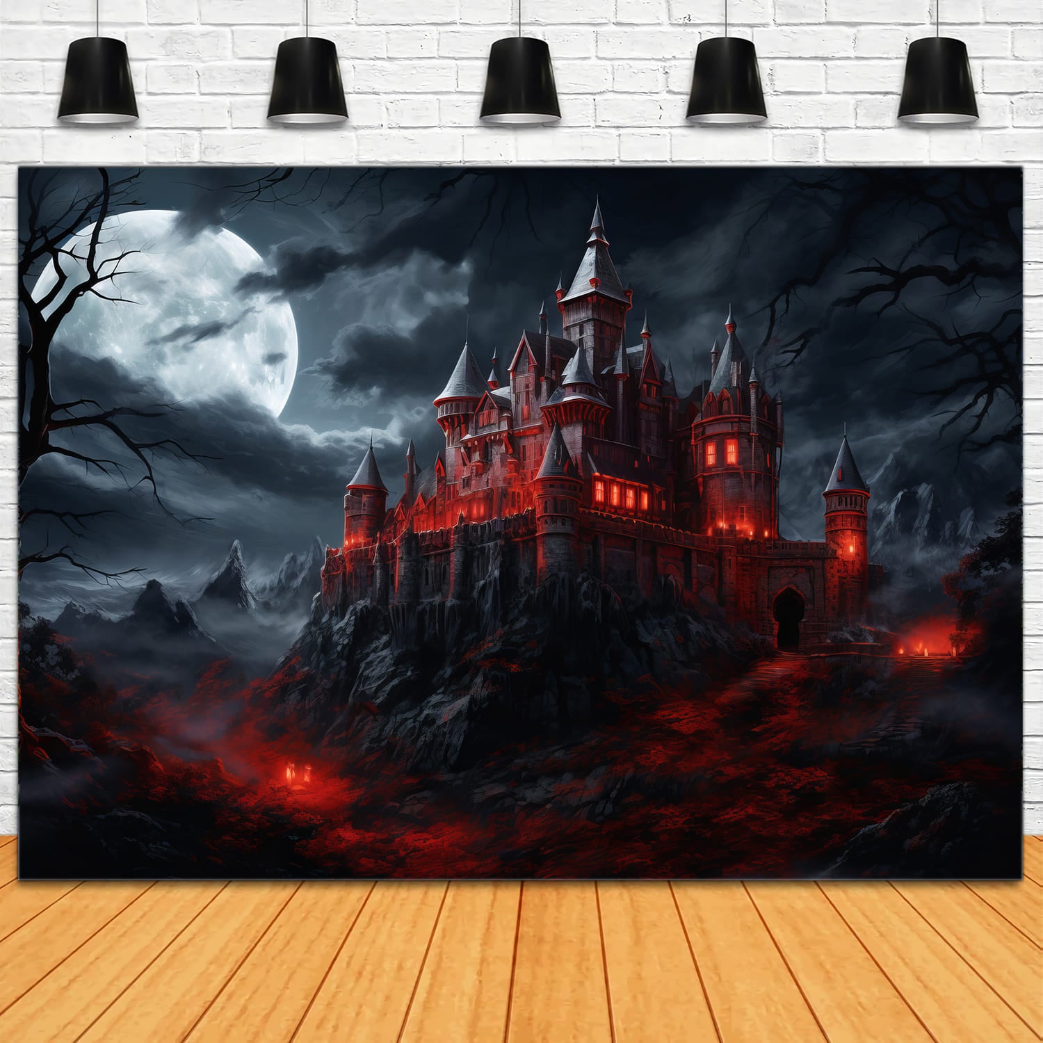 Toile de Fond de Château Rouge Lumineux Effrayant d'Halloween RR7-48