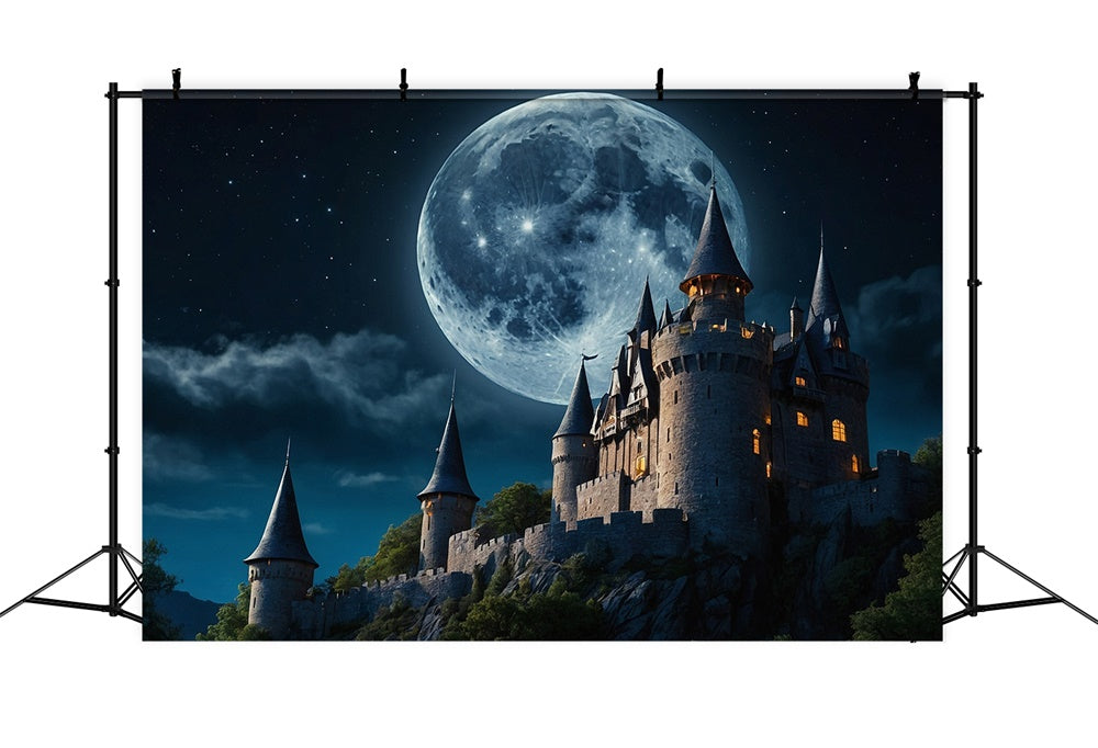 Toile de fond de château avec lune pleine Halloween RR7-481