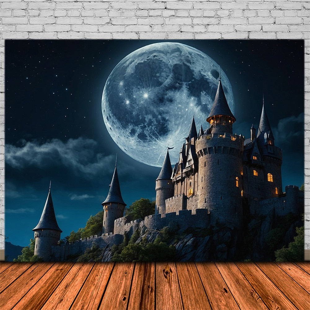 Toile de fond de château avec lune pleine Halloween RR7-481