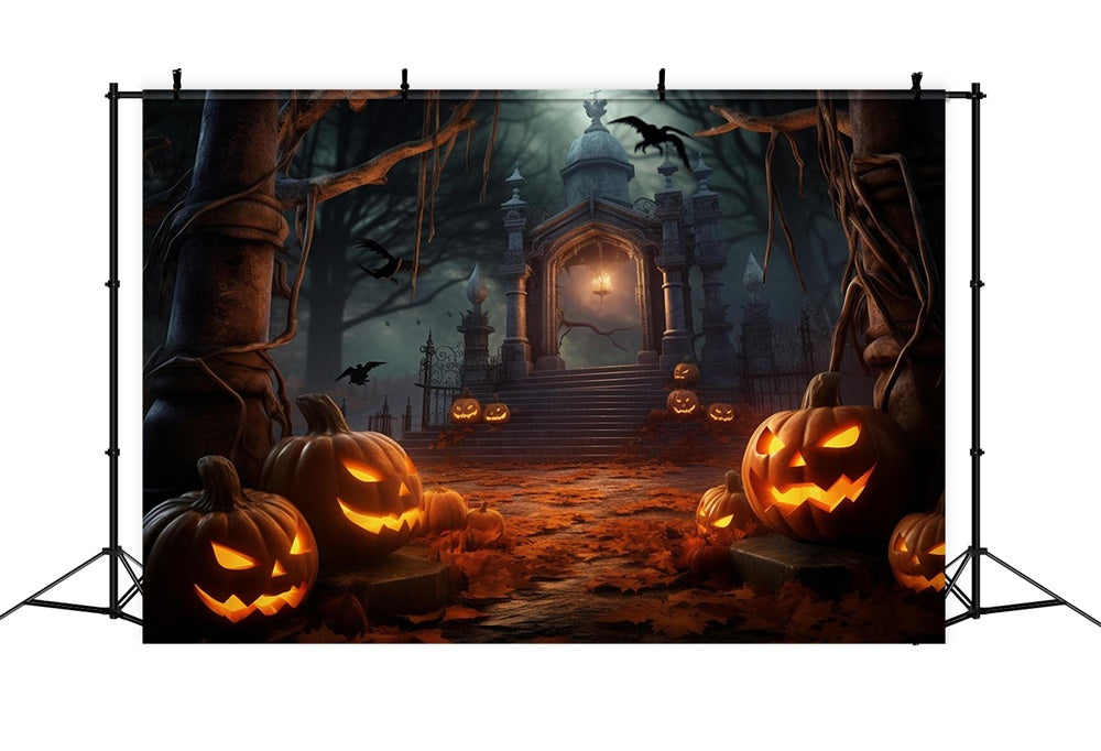 Toile de fond de portail de cimetière avec citrouilles Halloween RR7-483