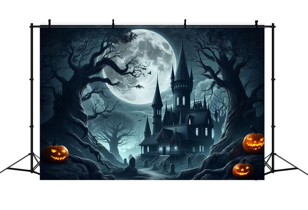 Toile de fond de château effrayant avec lune pleine Halloween RR7-484