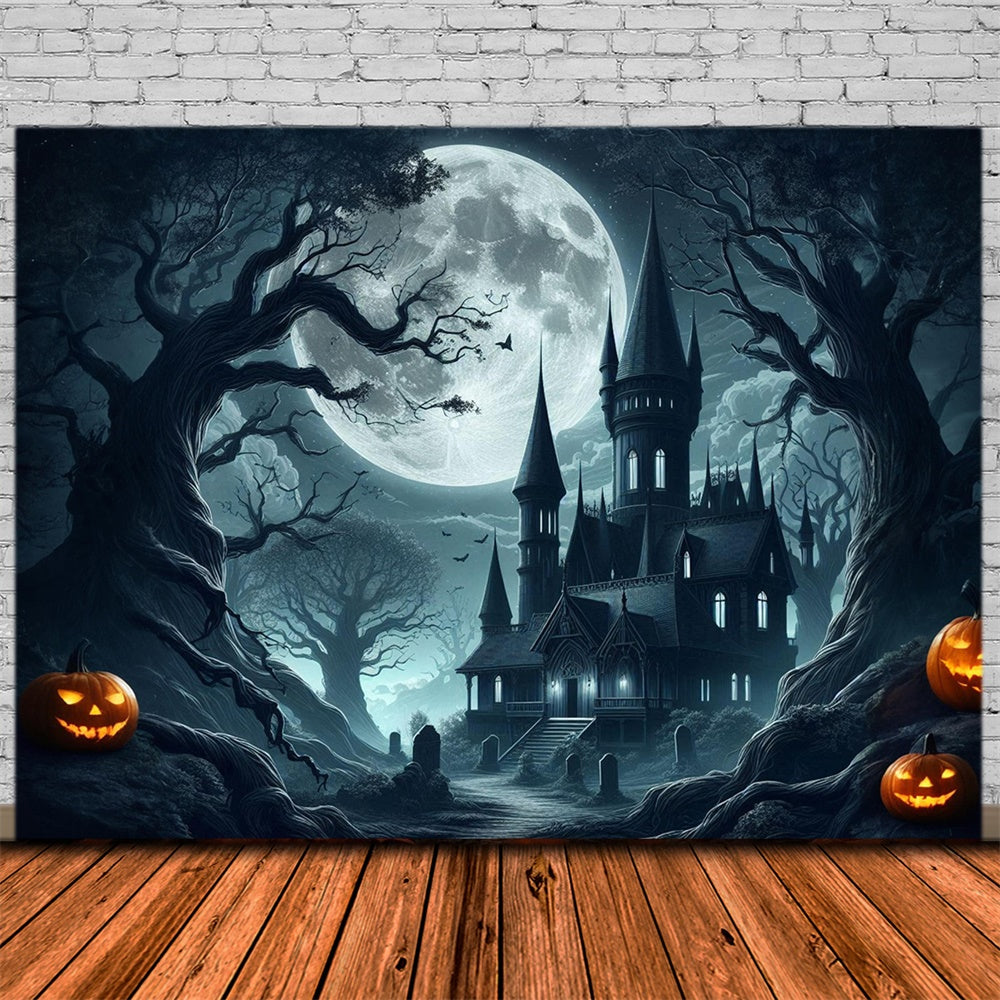 Toile de fond de château effrayant avec lune pleine Halloween RR7-484