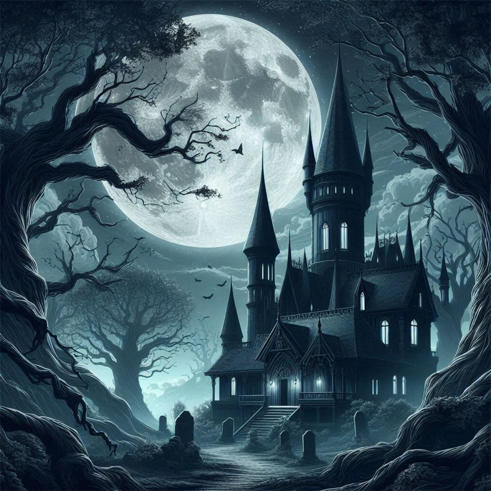 Toile de fond de château effrayant avec lune pleine Halloween RR7-484