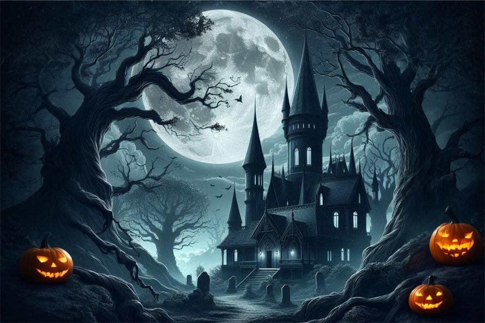 Toile de fond de château effrayant avec lune pleine Halloween RR7-484