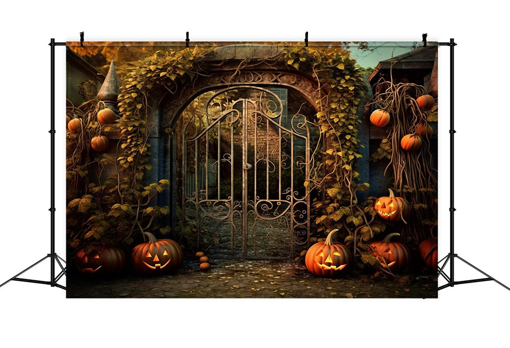 Toile de fond de maison avec portail en fer et citrouilles Halloween RR7-485