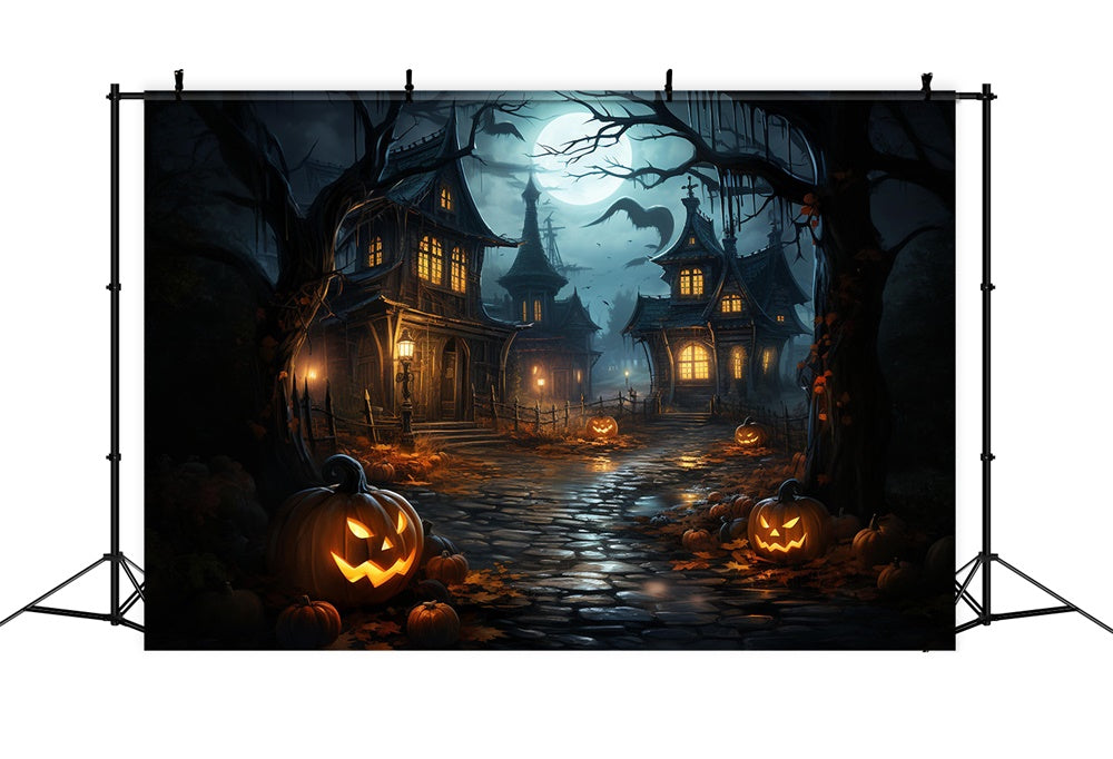 Toile de fond de maison hantée avec lune nocturne Halloween RR7-486