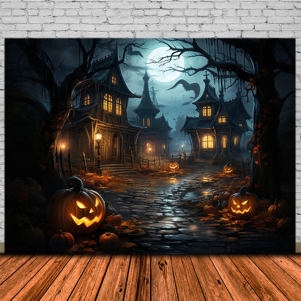 Toile de fond de maison hantée avec lune nocturne Halloween RR7-486