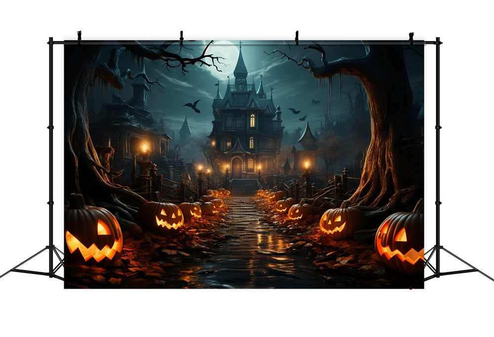 Toile de fond de château avec citrouilles Halloween RR7-488