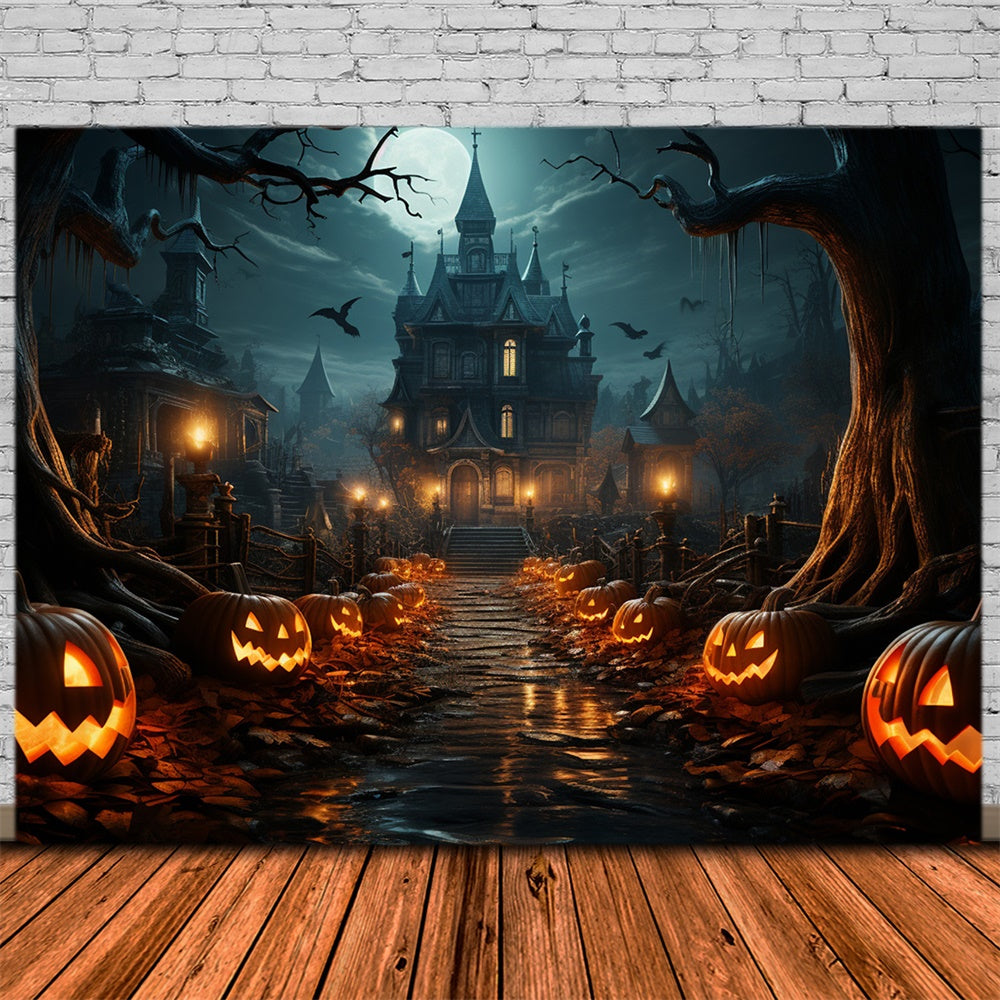 Toile de fond de château avec citrouilles Halloween RR7-488